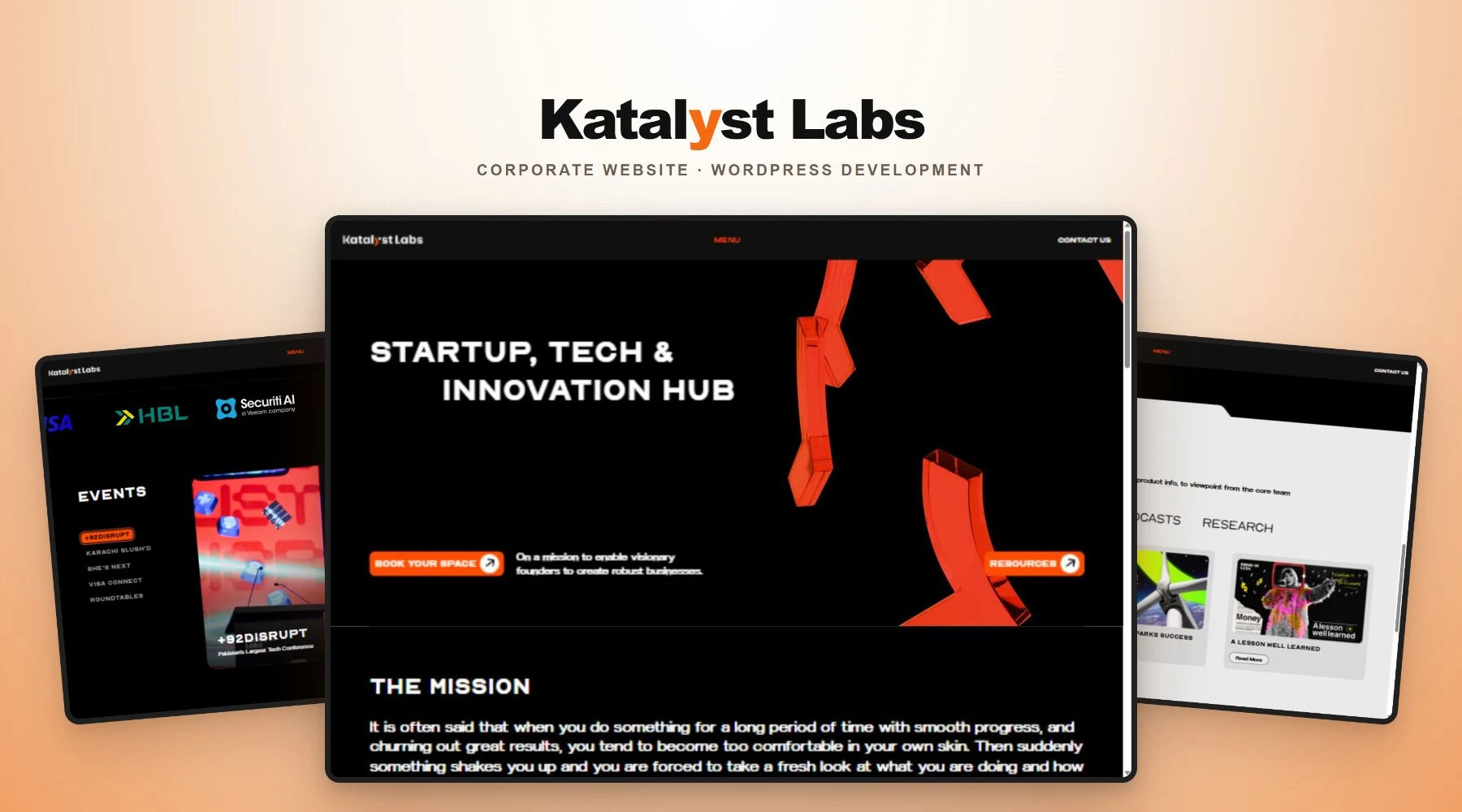 Katalyst Labs website collage showing the homepage, events section, and resource centre