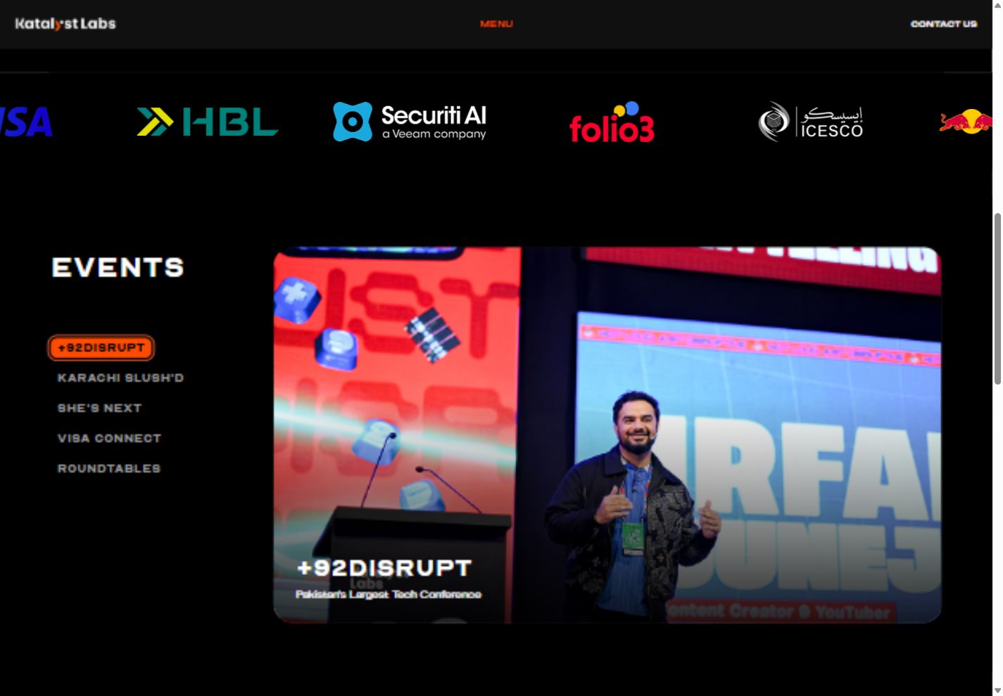 Katalyst Labs events section displaying the +92DISRUPT conference and event navigation