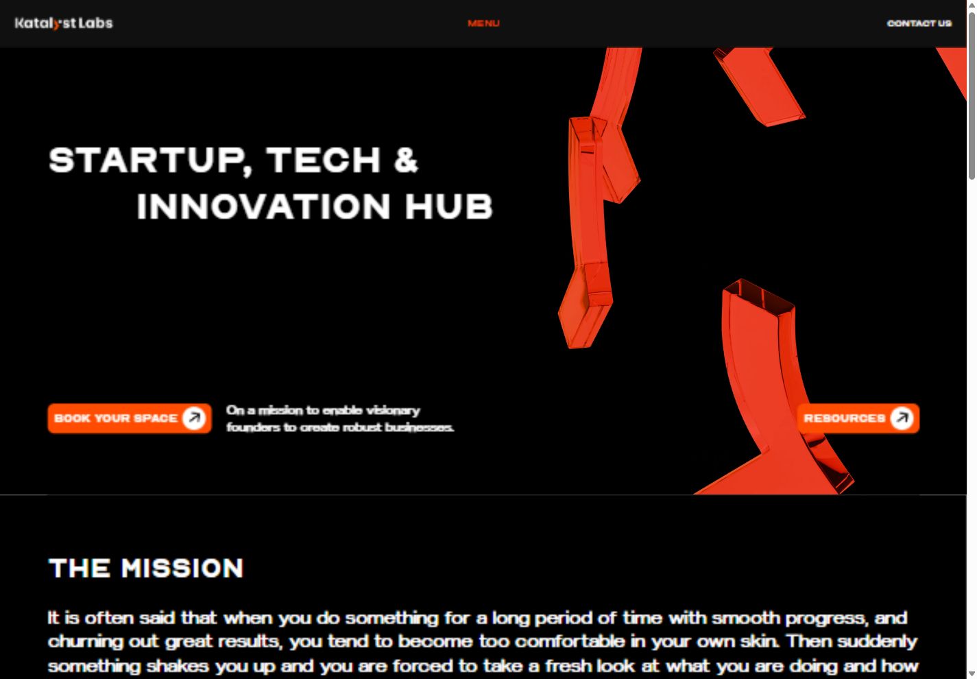 Katalyst Labs homepage with a black background, orange graphics, and startup, tech and innovation hub heading
