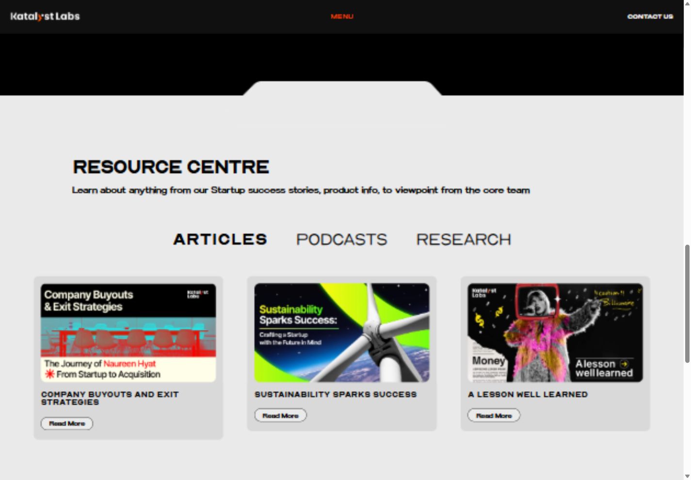 Katalyst Labs resource centre with Articles, Podcasts, and Research tabs and article cards